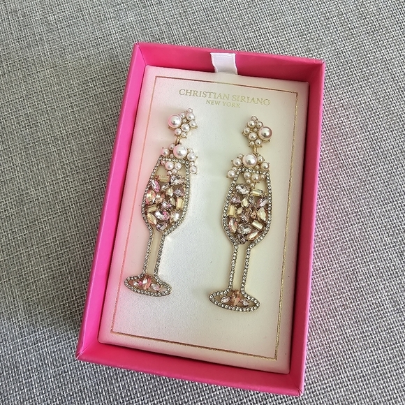 Christian Siriano Gold Faux Pearls Rhinestone Crystal Drop Champagne Earrings - Picture 1 of 4